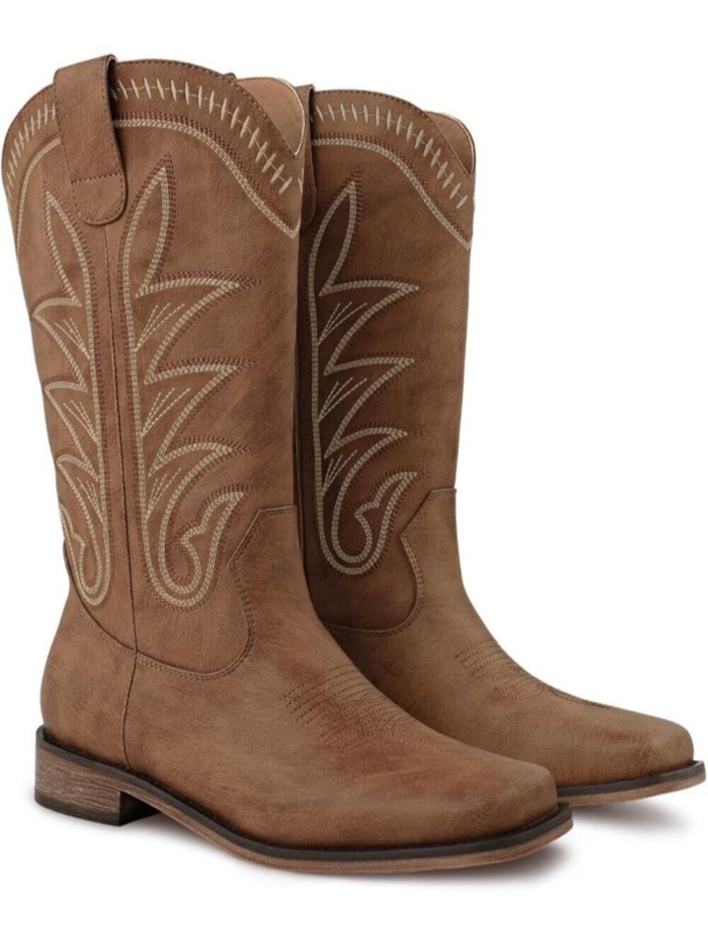 Women's Brown Square Toe Mid Calf Chunky Heel Classic Fall Western Cowgirl Boots - Picture 7 of 7